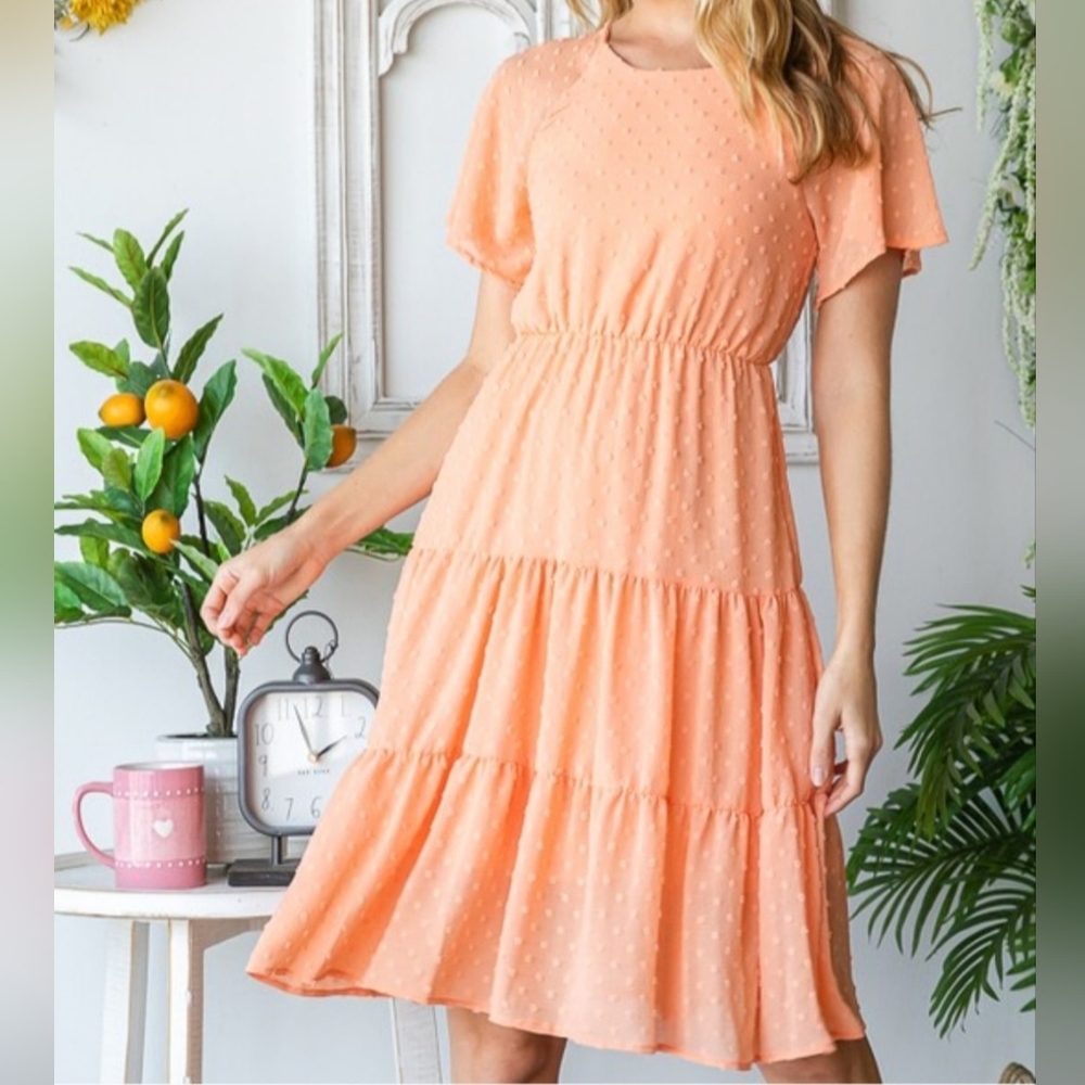 Chic Coral Midi Dress with Flutter Sleeves Modest